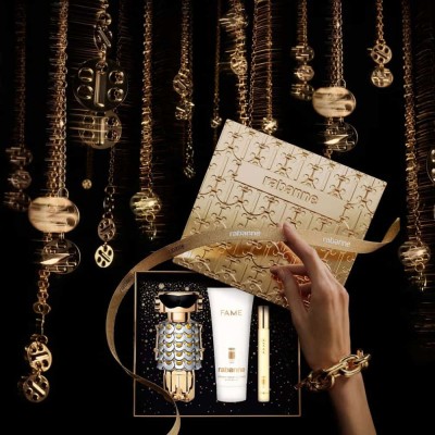 Set Regalo Fame 50 ml + Loción 50 ml + Espray Viaje 10 ml – Perfume floral afrutado Paco Rabanne mujer Set Regalo Fame Eau de Parfum 50 ml + Loción Corporal 50 ml + Espray Viaje 10 ml para mujer