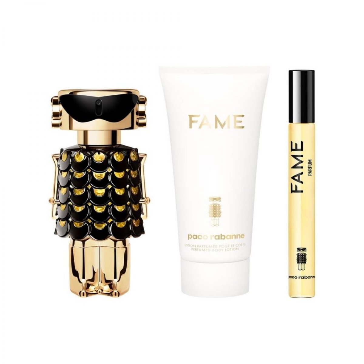 Set Regalo Fame 50 ml + Loción 75 ml + Espray Viaje 10 ml – Perfume Paco Rabanne mujer Set Regalo Fame Parfum 50 ml + Loción Corporal 75 ml + Espray Viaje 10 ml para mujer