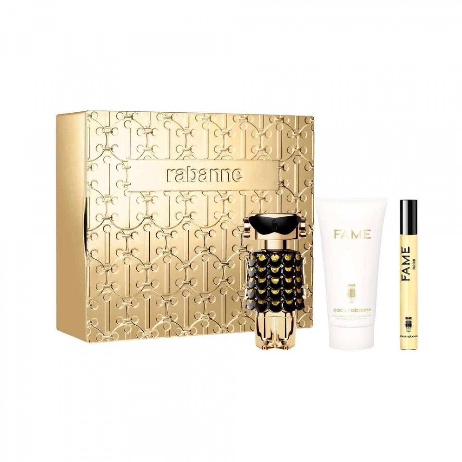 Set Regalo Fame Parfum 50 Ml. + Loción Corporal 75 Ml. + Espray Viaje 10 Ml. Set Regalo Fame Parfum 50 Ml. + Loción Corporal 75 Ml. + Espray Viaje 10 Ml.